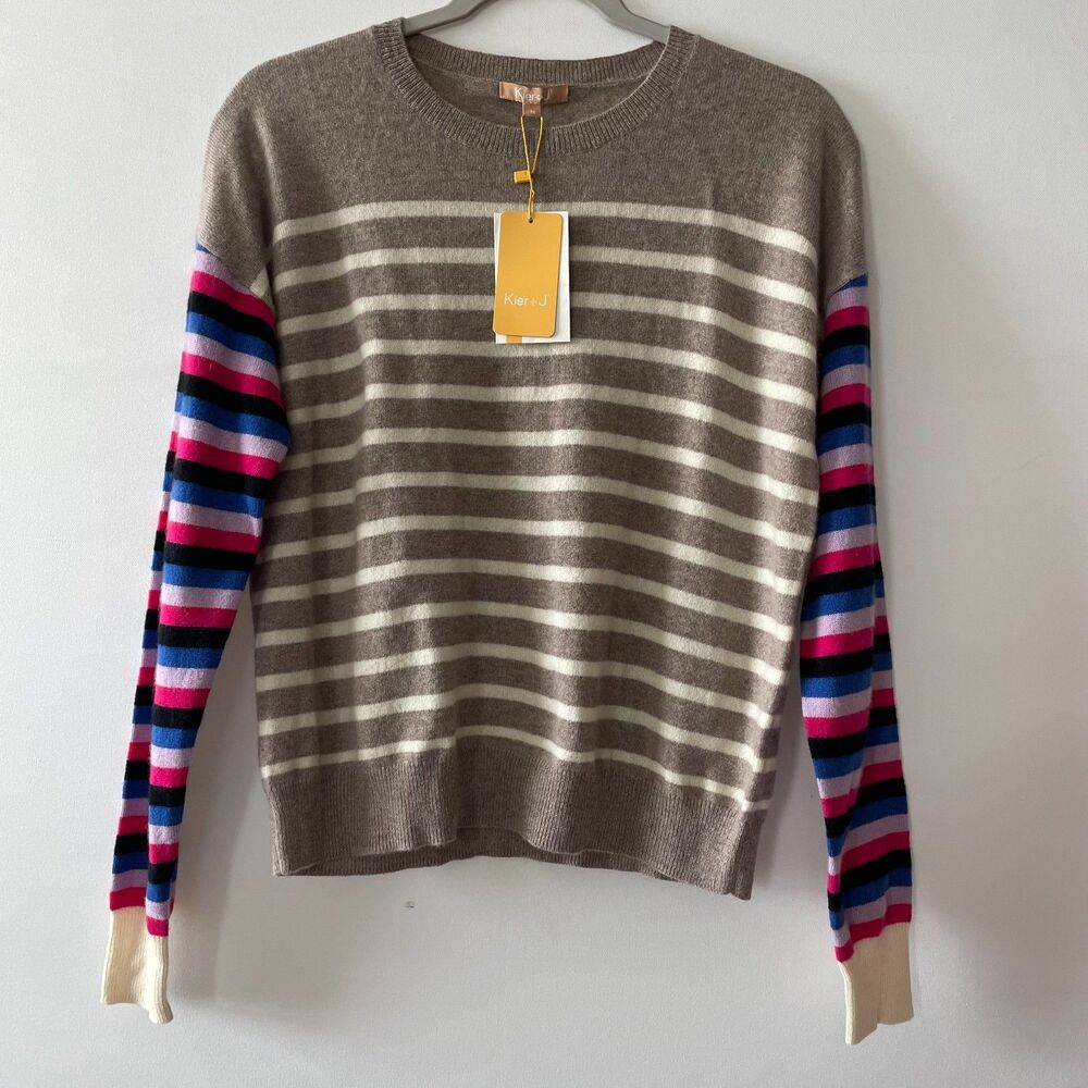 Kier + J Women’s 100% Cashmere Striped Crewneck Sweater Size M NWT